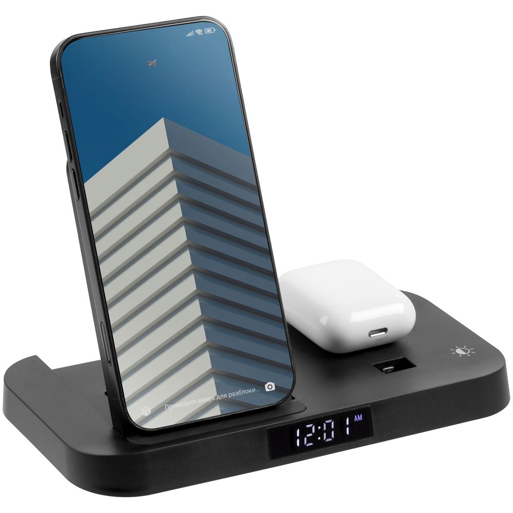картинка Зарядная станция с часами Clock Nest, черная от магазина Одежда+
